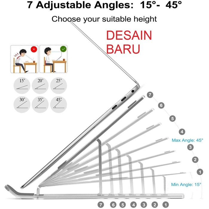 Stand Laptop Aluminium Alloy Dudukan Peninggi Portable 7 Fungsi Adjustment Foldable Macbook Ipad