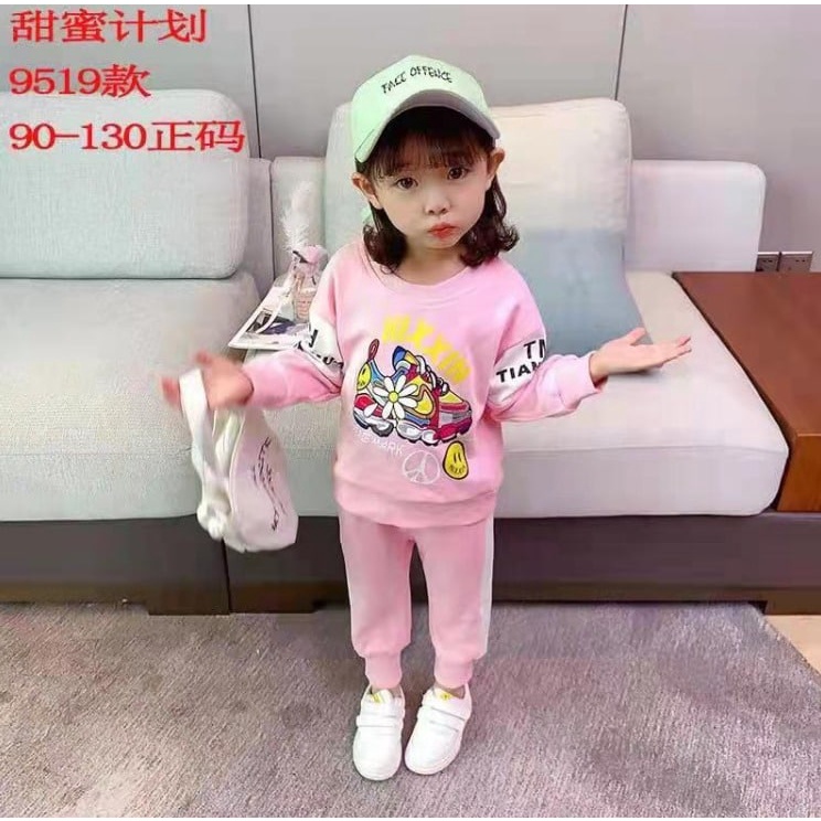 Promo !! Setelan baju anak cewek - setelan lengan panjang - setelan nixxin peace mark smile uk 1-5thn (abu abu, pink, hitam)