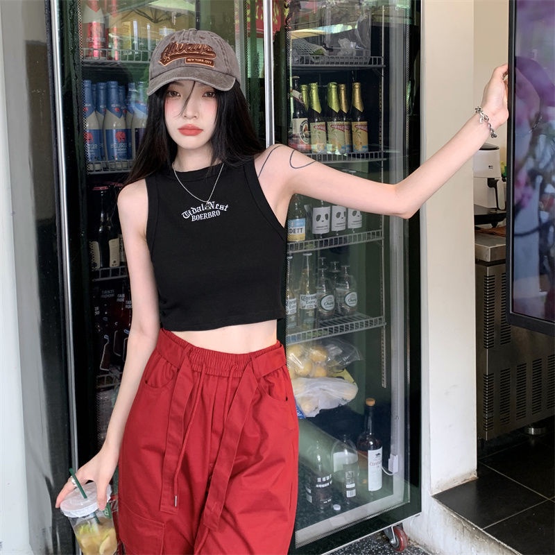 Suhao Amerika hot girl gaya surat bordir berbentuk I kamisol tanpa lengan wanita musim panas warna solid pendek ramping crop top