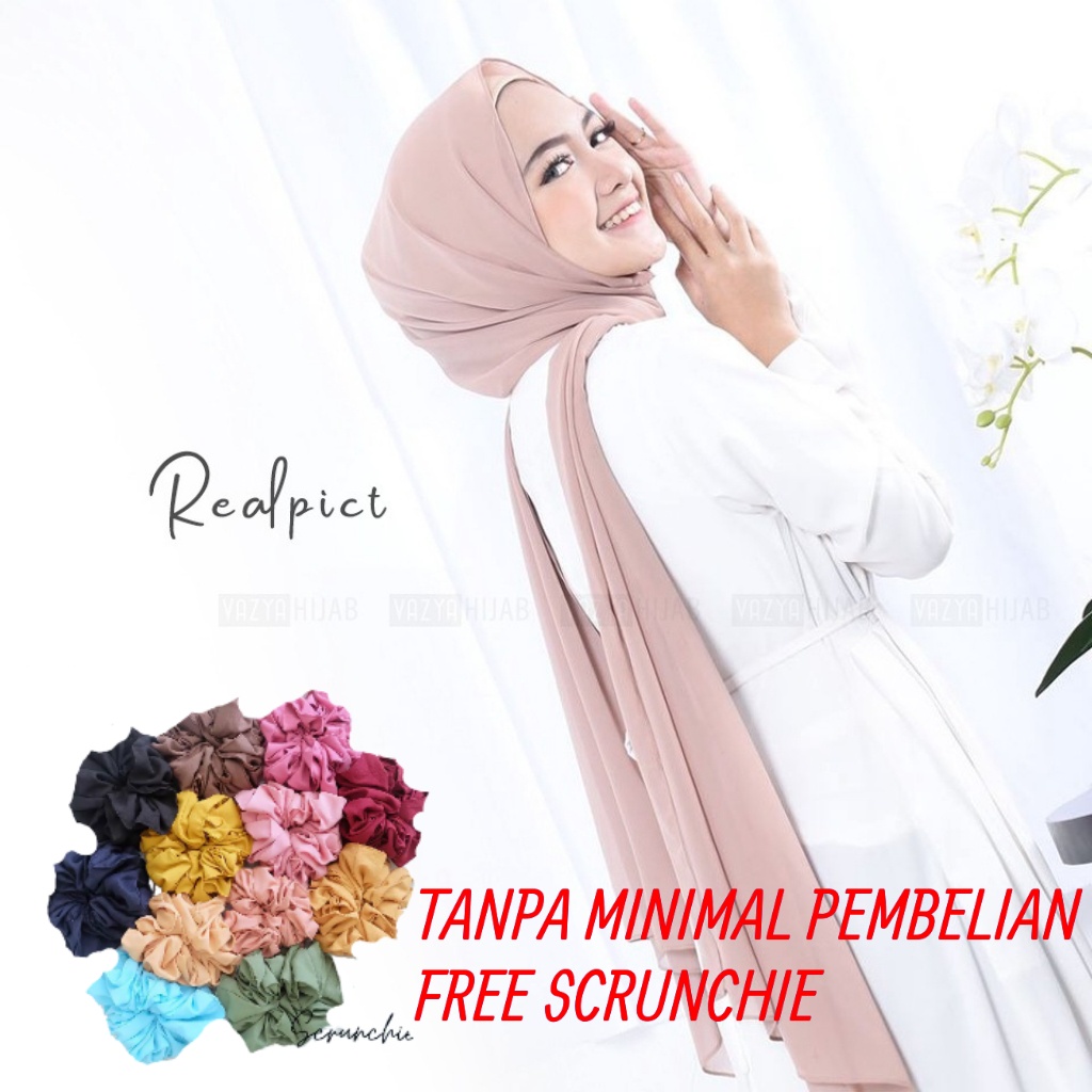 Hijab Pasmina 2 Meter Jahit Tepi Bahan Ceruty |Free Scrunchie