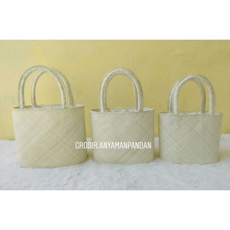 Tas pandan serut OVAL KECOS POLOS tas anyaman mendong tas parcel keranjang parcel