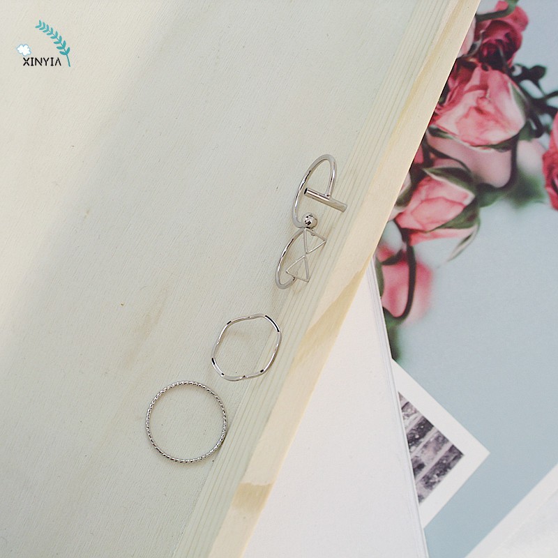 4pcs/set Cincin Charms Copper Metal Plating Triangle Geometry Four-piece Opening Ring