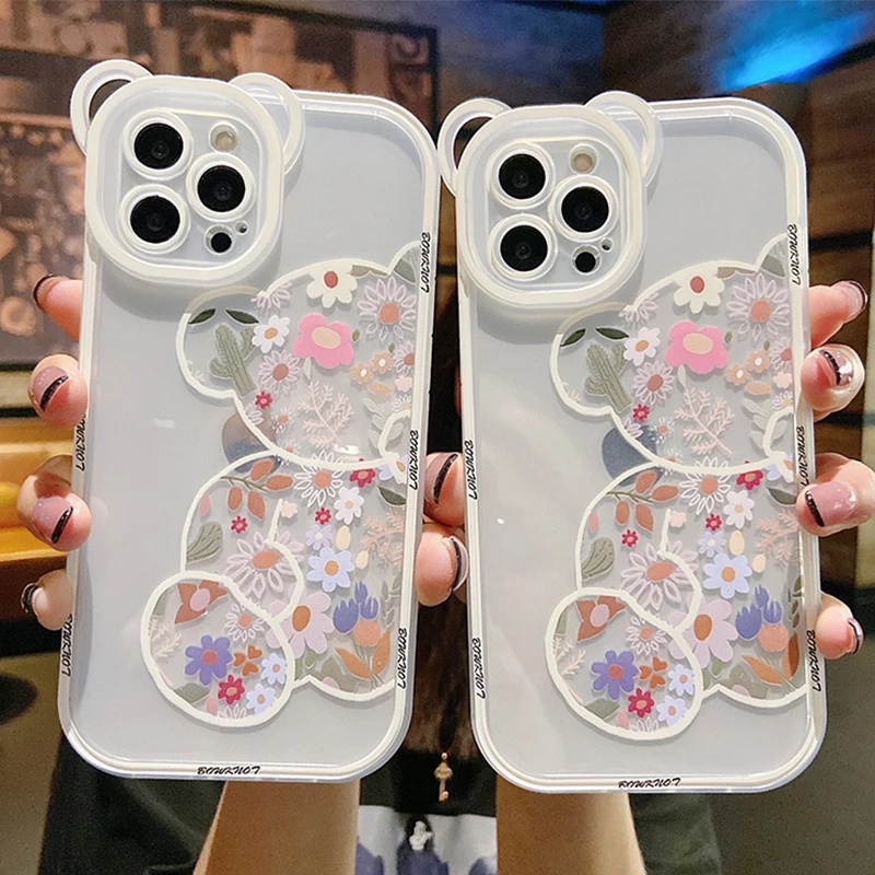 IPHONE Beruang Lucu Pelindung Kamera Ponsel Bening Case Untuk Iphone14 13 Pro Max11 12 Pro Max X XR XS Max7 8 Plus Soft Back Cover