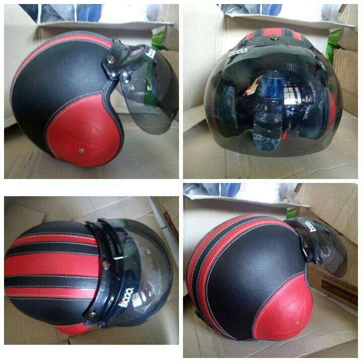 HM-937 Helm Retro Bogo Pilot Kulit Classic Merah Hitam + Kaca Bogo Ori Murah