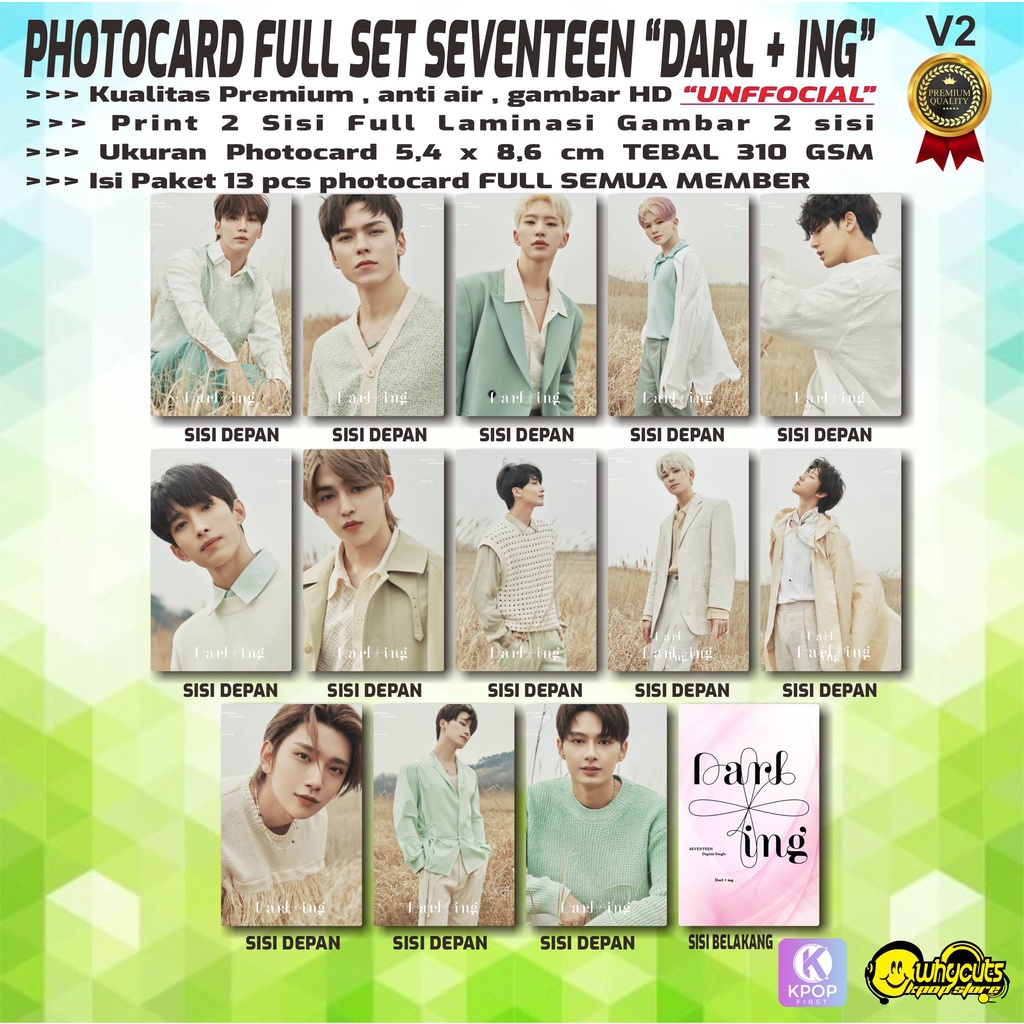 PHOTOCARD FULL SET PC PREMIUM SEVENTEEN DARL+ING / PRINT 2 SISI FULL LAMINASI GLOSSY / ANTI AIR / ISI 13 PCS