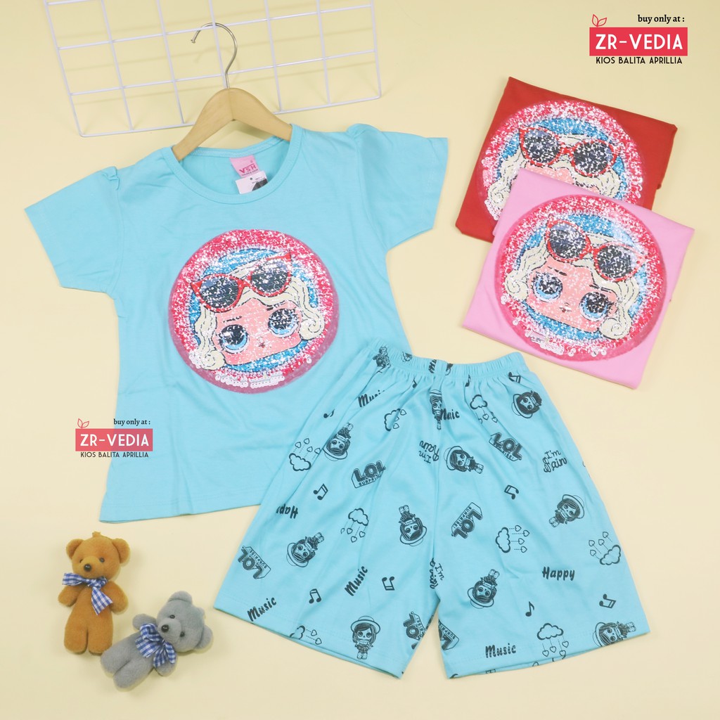 Setelan Queena uk 1-6 Tahun / High Quality Baju Anak Perempuan Lengan Kartun Pendek Cewek Kaos Usap