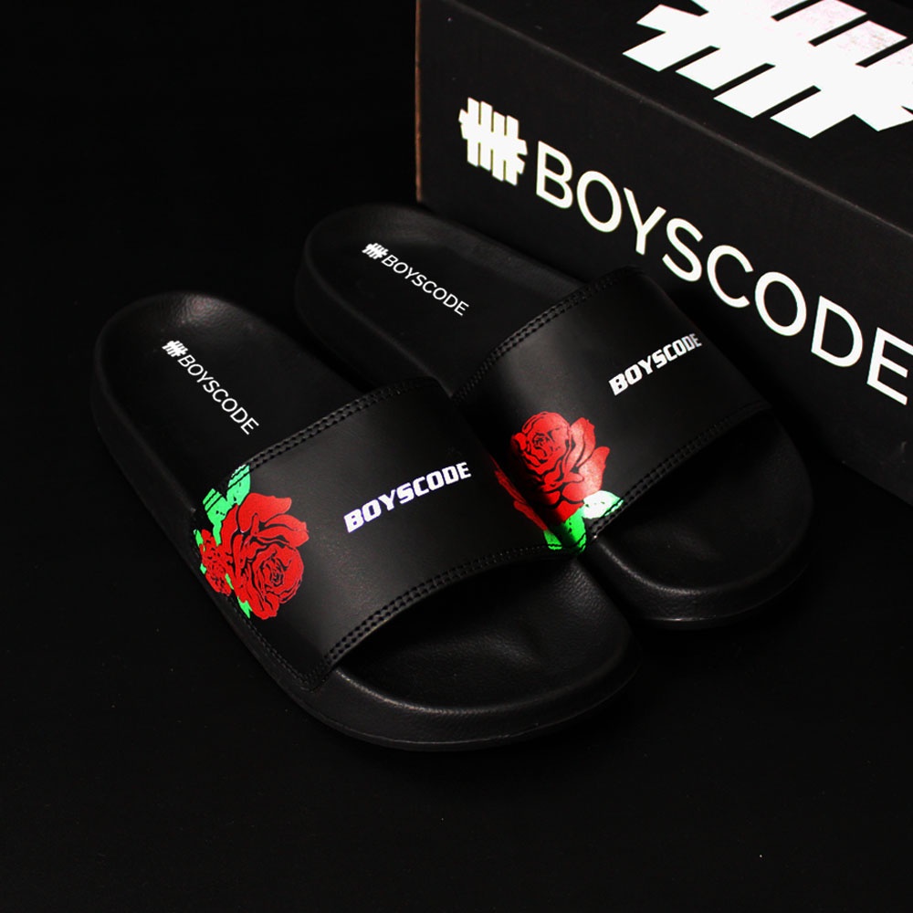 Sendal Selop Pria Wanita Distro Boyscode Red Rose Black Color / Sendal Slip On Pria / Sendal Slide Pria