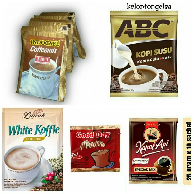 

kopi kapal api mix, abc susu, indocafe, luwak white coffee, goodday mocacino satu renceng isi 10s