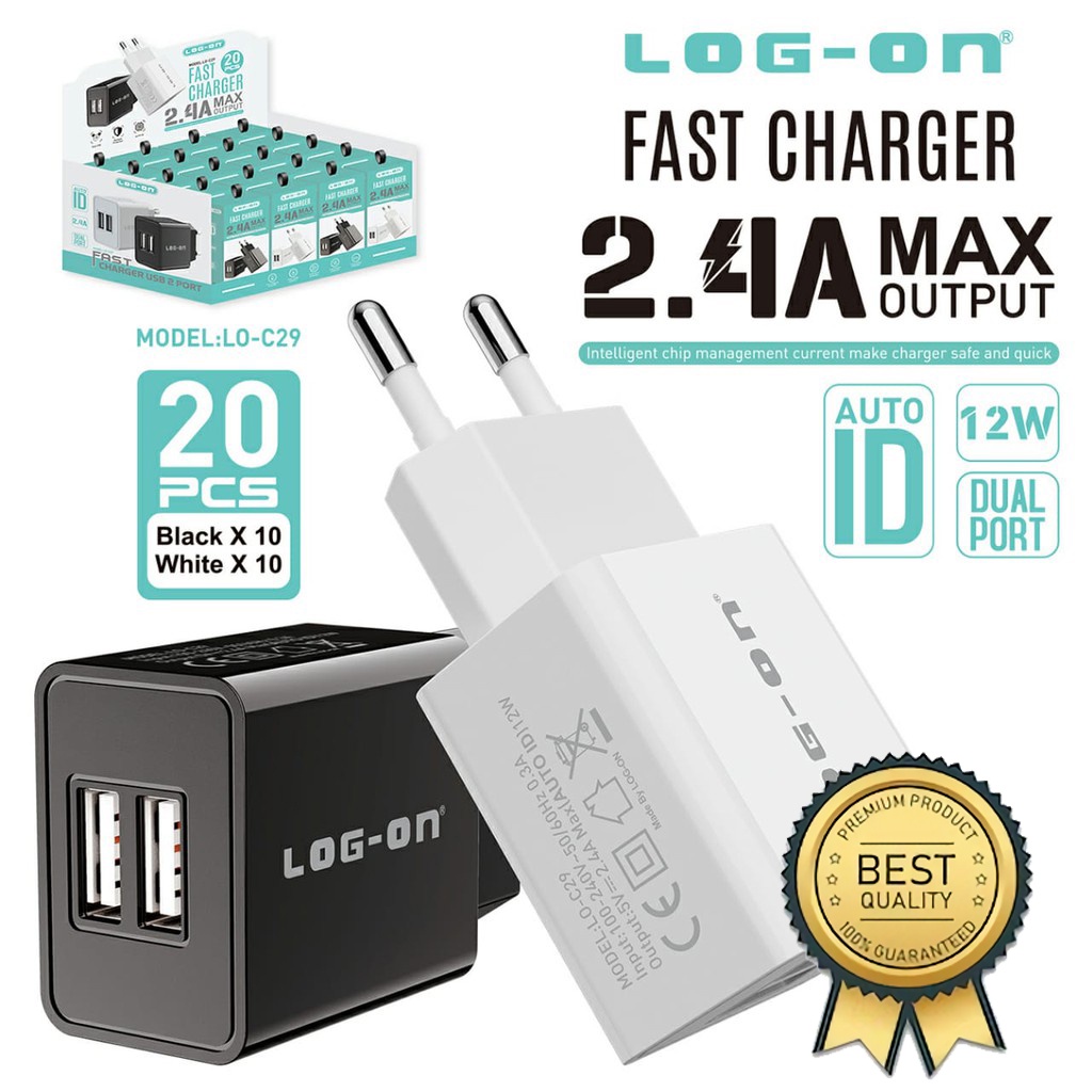 CHARGER BATOK LOGON 2USB 2.4A LO-C29 PREMIUM QUALITY