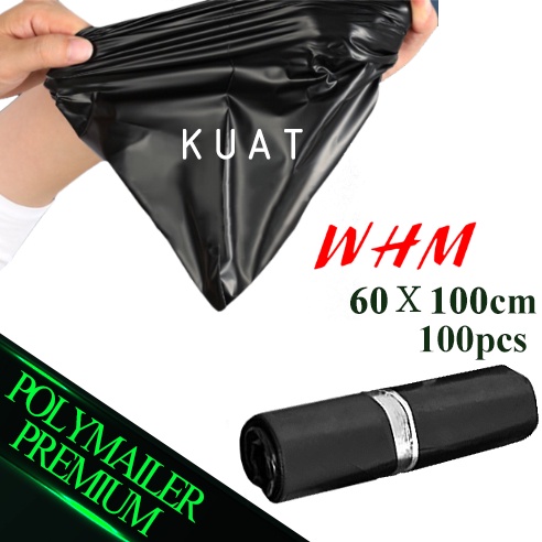 Plastik Packing Olshop PE Polymailer 60x100cm Lem Perekat Isi 100pcs Anti Plong Hitam Glossy Tebal