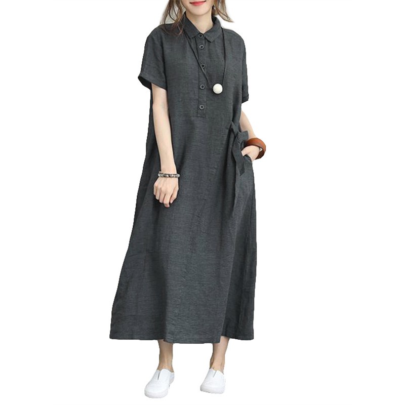 ZANZEA Womens Retro Short Sleeve Buttons Down Baggy Maxi Dress