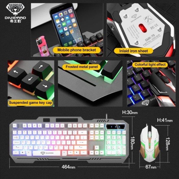 Divipard Keyboard Plus Mouse Gaming GMK-70 Kabel USB 2.0 LED Light