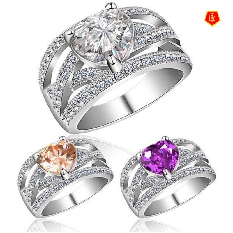 [Ready Stock]Creative Personality Diamond Heart-Shaped Colored Gems Silver Ring