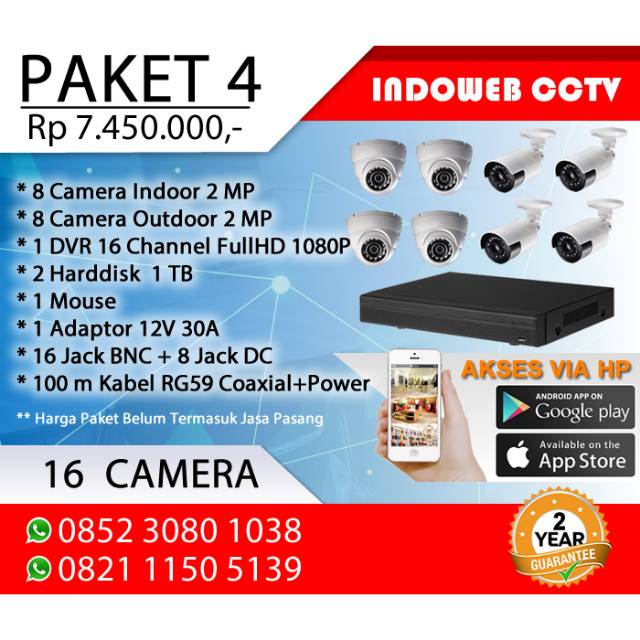 Paket CCTV 16 Kamera (delapan indoor & delapan outdoor)