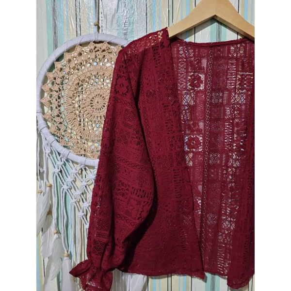 LACE OUTER CARDY/outer brukat crop/cardigan outer pendek-Maron