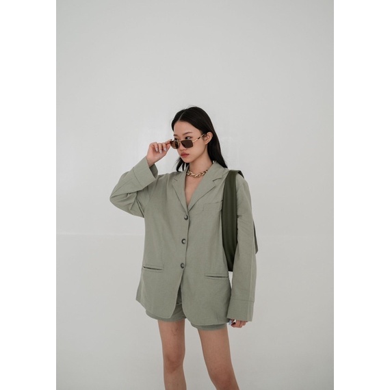 linen blazer set (oversized blazer + celana linen) setelan wanita