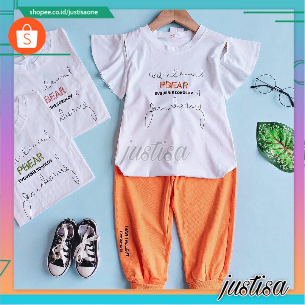 Promo !! One set anak perempuan cute /  Setelan bear with text orange import ukuran  2-5tahun