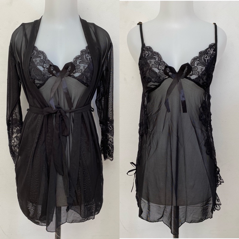Satu set sexy lingerie kimono baju tidur seksi lingerie wanita sleepwear lingerie 075-Hitam
