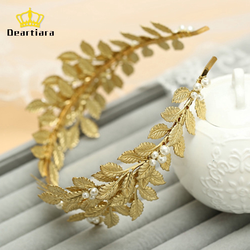 Tiara /Daun Bahan Metal Warna Emas Hias Mutiara Imitasi untuk Wanita