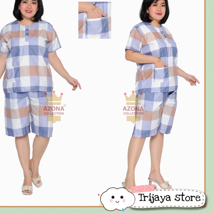 Miliki - Trijaya . baju tidur wanita 3/4 jumbo kotak-kotak / setelan celana pendek wanita LD 120 CM 