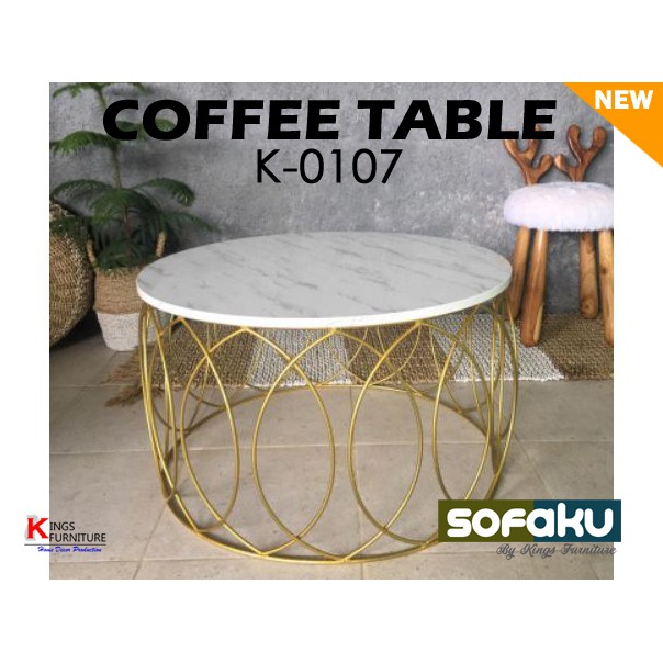 COFFEE Table K-0107 - Laris Meja Kopi Marmer Putih Kaki Besi Emas Ulir