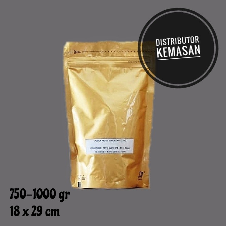 Plastik Stand Standing Pouch Full Foil Gold Emas Klip Zipper 1000g