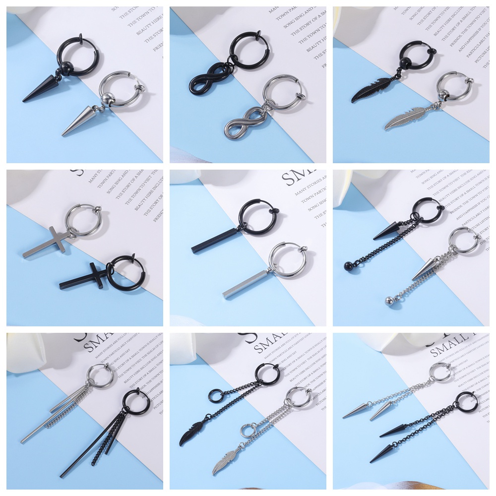 1 Pc Stainless Steel Ear Clip Cross Feather Dangle Earrings Punk Black No Piercing Fake Earrings Korean Tassels Round Earring Jewelry