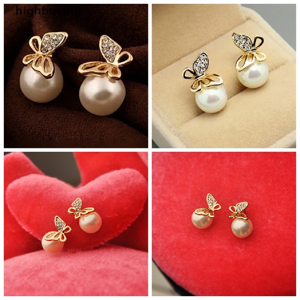 Hbid Anting Tusuk Model Kupu-Kupu Warna Emas Dengan Kristal + Mutiara Untuk Wanita