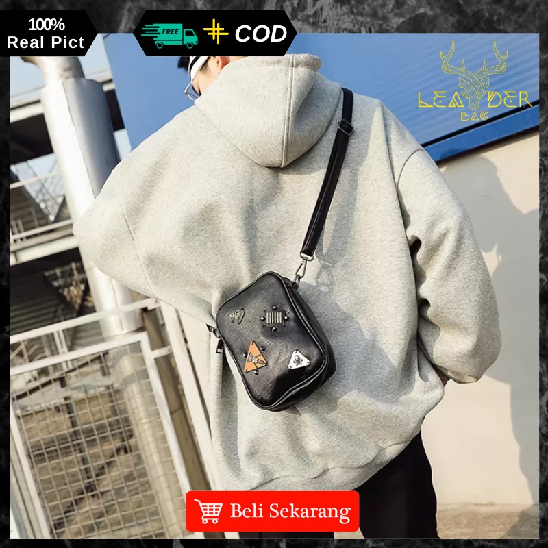 Tas Selempang kecil Kulit Pria Impor Distro Model Terbaru Dan Trendy Warna Hitam Atau Tas Kulit Cowo