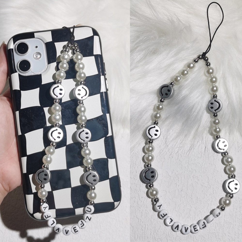 Tali Lanyard Manik-Manik Akrilik Motif Smiley Face Warna Silver Anti Hilang Untuk Handphone