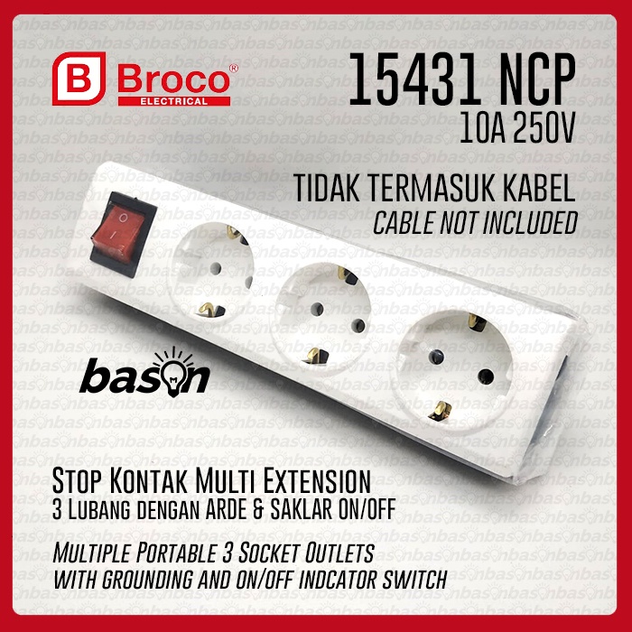 BROCO 15431 NCP 10A 250V SNI - Stop Kontak 3 Lubang Switch tanpa kabel