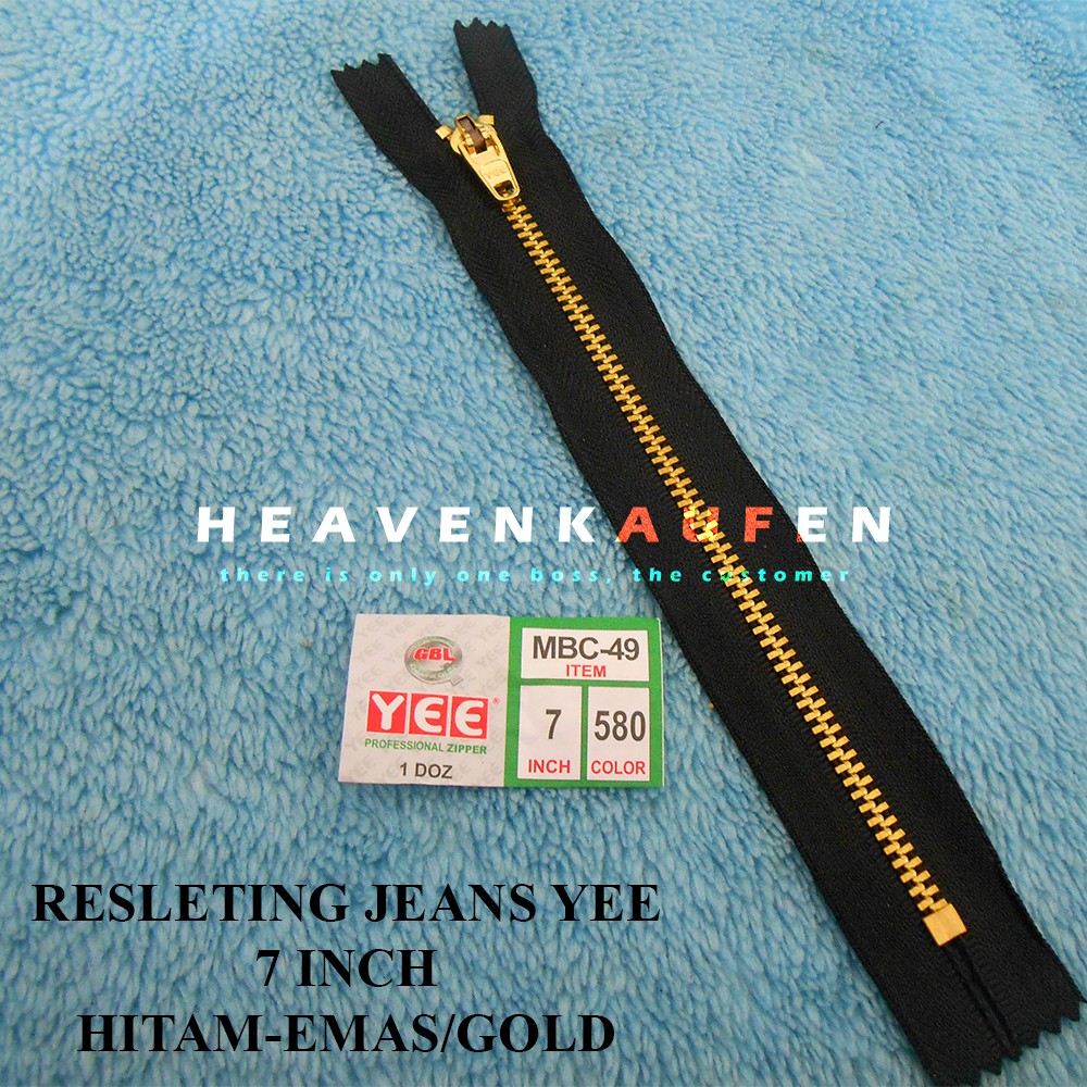 Resleting Jeans YEE 17,5 cm (7 inch) Hitam - Emas Gold Murah