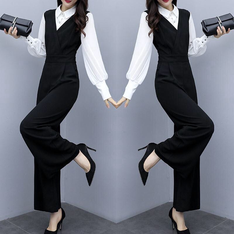 black jumpsuit with white shirt