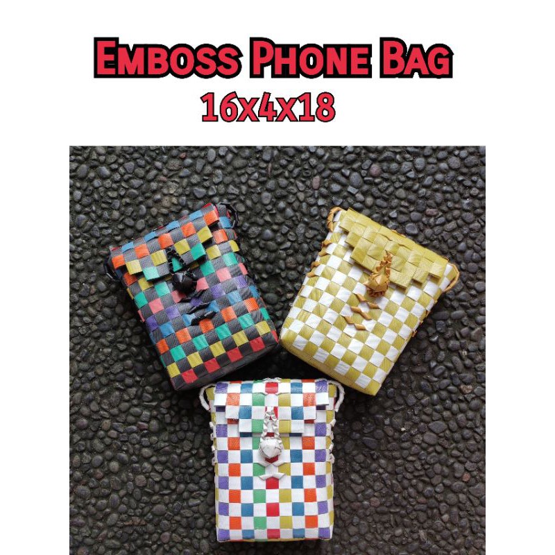 Tas Anyaman Plastik/ Tas Selempang Wanita/ Tas HP/ Emboss Phone Bag