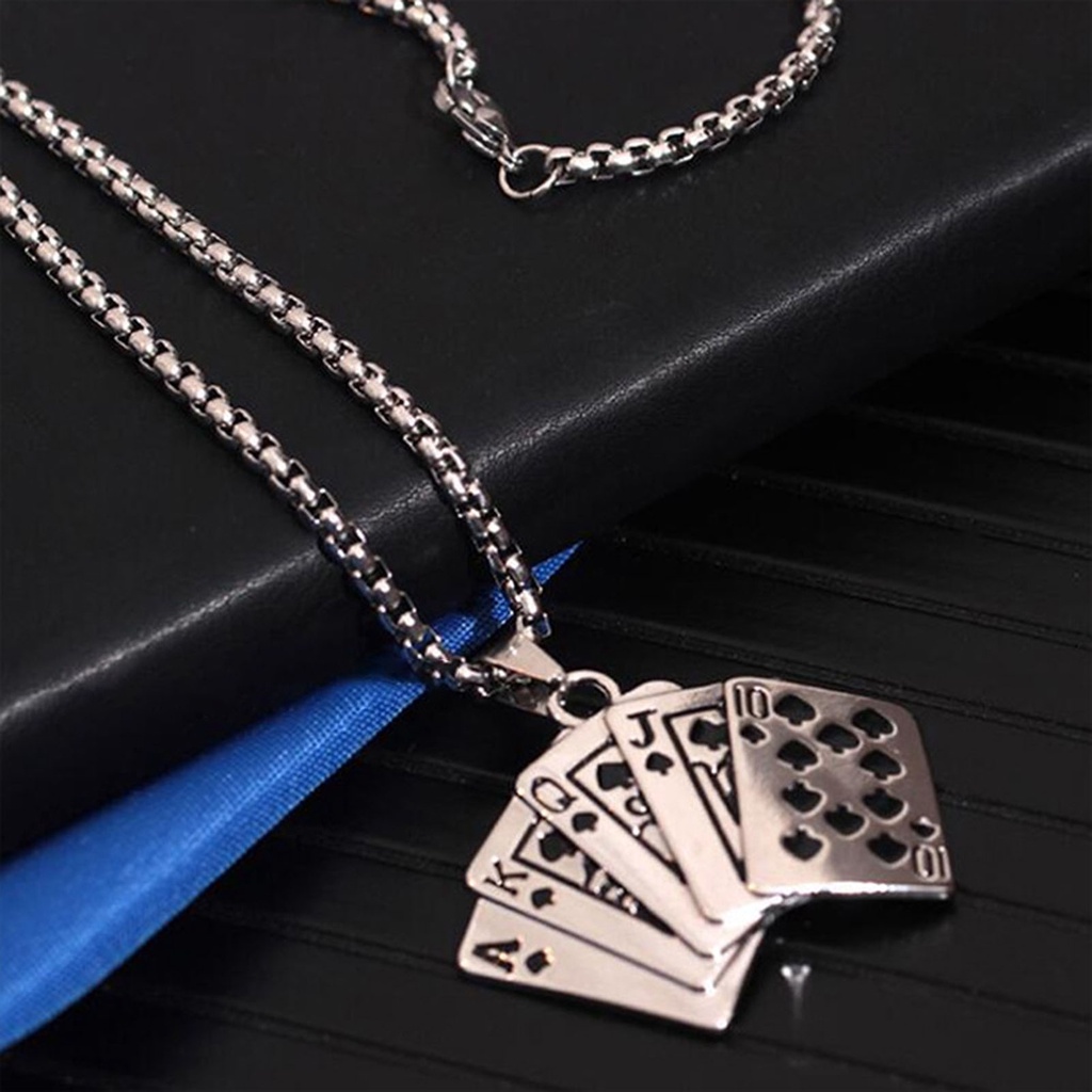 Hu Hu Hu Hu Hu Alat Bantu Pasang Kacamata♡ Kalung Rantai Panjang Liontin Kartu Poker Bahan Alloy Gaya Hip Hop Untuk Unisex