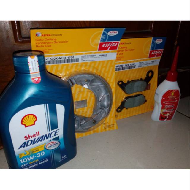 Paket kampas rem Front &amp; Rear Aspira +Shell Ax7 matic SAE 10-30/40W +gardan for Mio smile/Xeon/Mio J