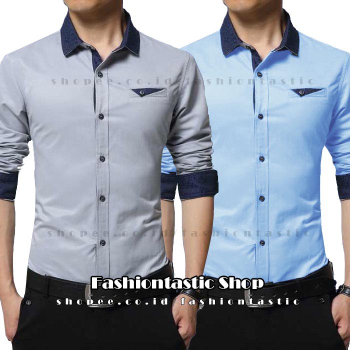 kemeja pria lengan panjang SCORPIO Hem slimfit polos warna abu birumuda