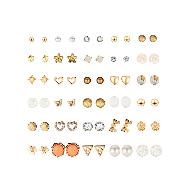 LRC Anting Set Fashion Gold Bow Pearl Stud Earrings 30 Pairs F83541