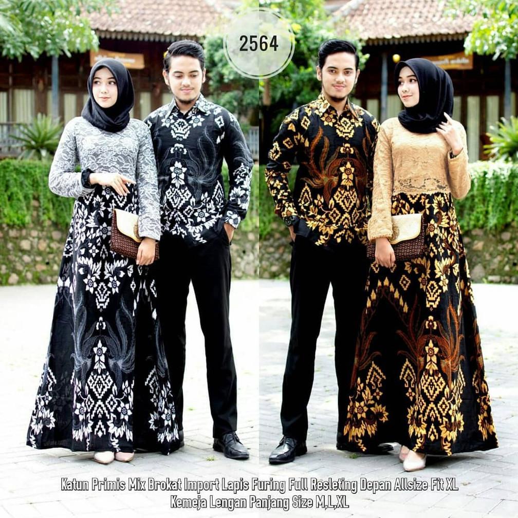 COD Batik Couple Gamis Brukat kombinasi batik Soga 2564 Sania Ruffle Batik Sarimbit