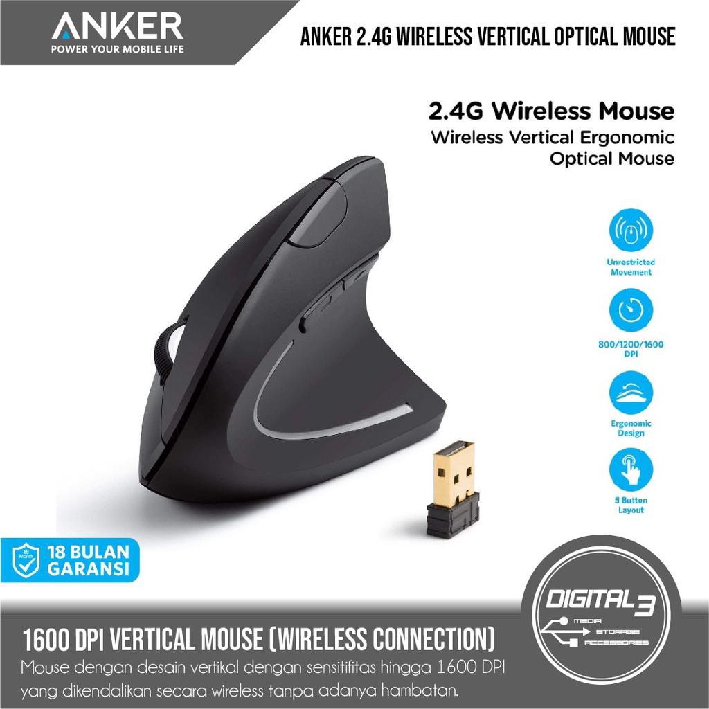 Anker 2.4G Bluetooth Wireless Vertical Ergonomic Optical Mouse A7852
