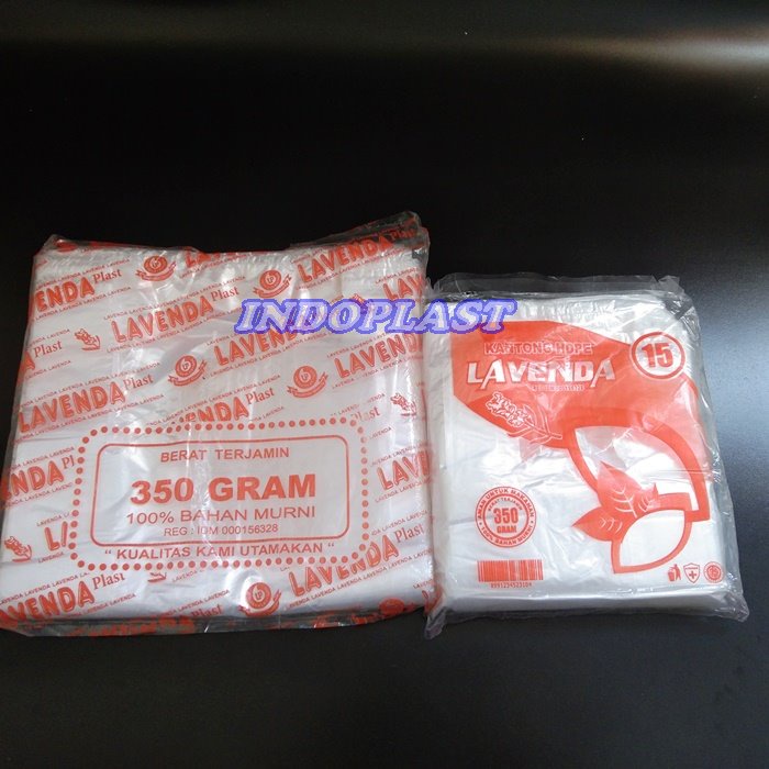 350gram Kantong Plastik Kresek Bening Tebal Termurah HDPE Merk Lavenda Orange ukuran 15 dan 24