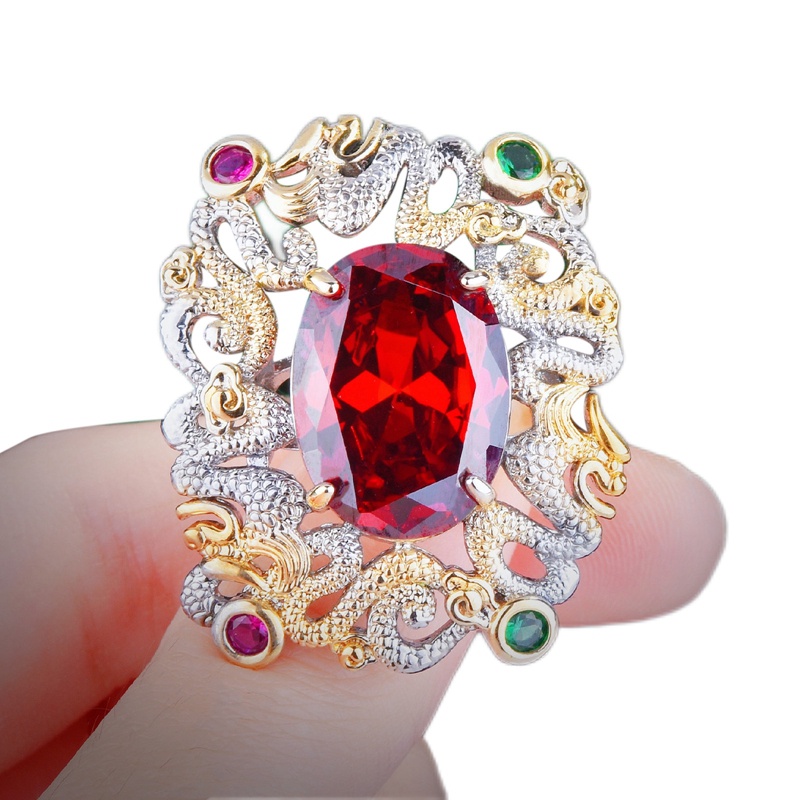 Cincin Geometris Bentuk Oval Kubik Zirkonia Warna Merah Gaya Vintage Klasik Untuk Wanita