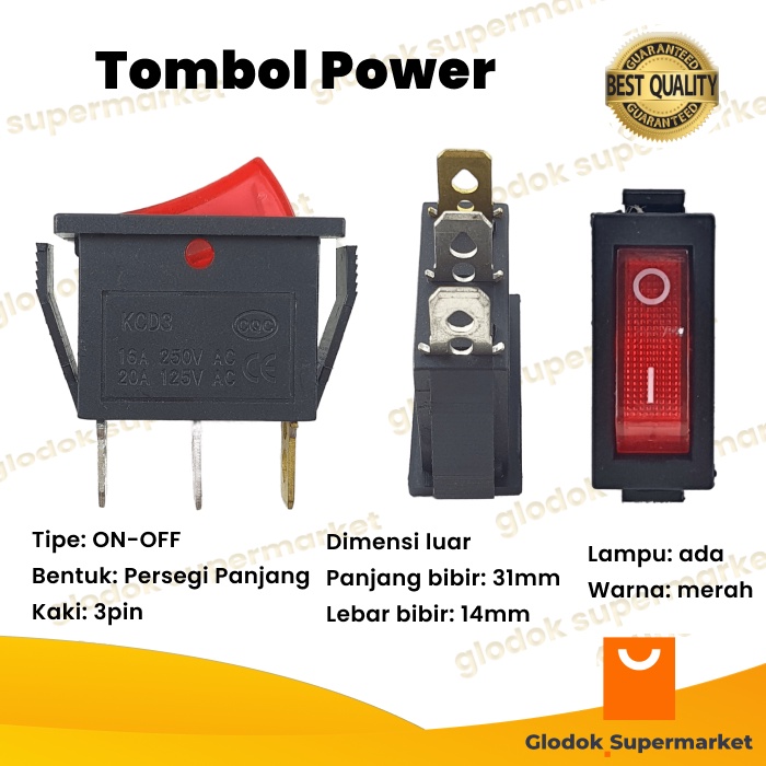 Saklar 3 pin On Off Tombol Rocker 2 Posisi Lampu KCD3 Power Switch 3pin