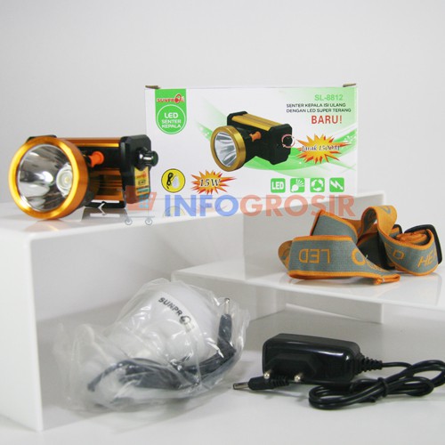 Senter Kepala Headlamp Sunpro SL 8812 Putih/ Kuning 15 Watt Charger bonus Lampu