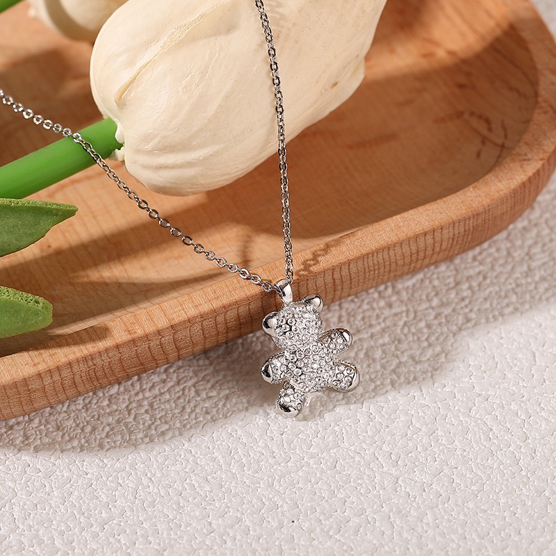 Kalung Rantai Sterling Silver 925 Dengan Liontin Beruang Hias Berlian Imitasi Untuk Wanita