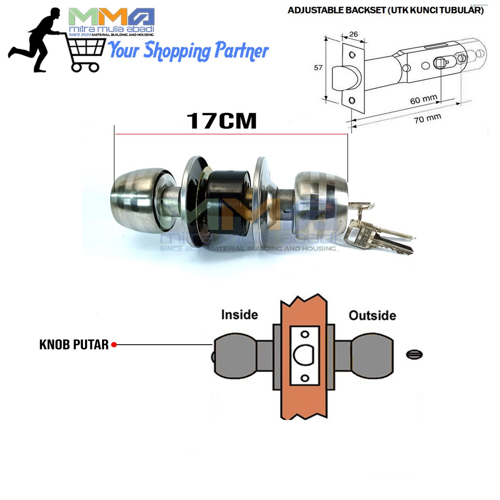 Kunci Pintu Kamar Mandi Bulat Onat / Tarikan Gagang Handle Putar Stainless