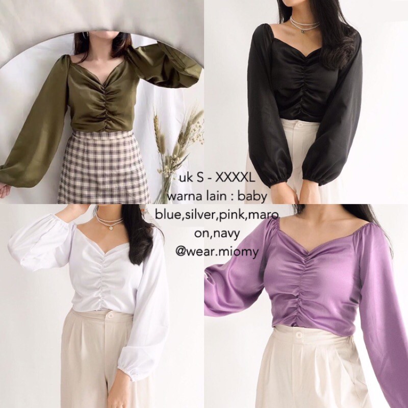[S-XXXXXL] Zeline Lengan Panjang Baloon Blouse Korean Top Atasan Satin Kerut Sabrina Crop big size p
