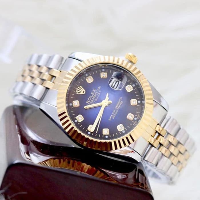 Jam Tangan Rolex Tanggal Aktif Free Box - Silver Kombi Gold Plat Biru