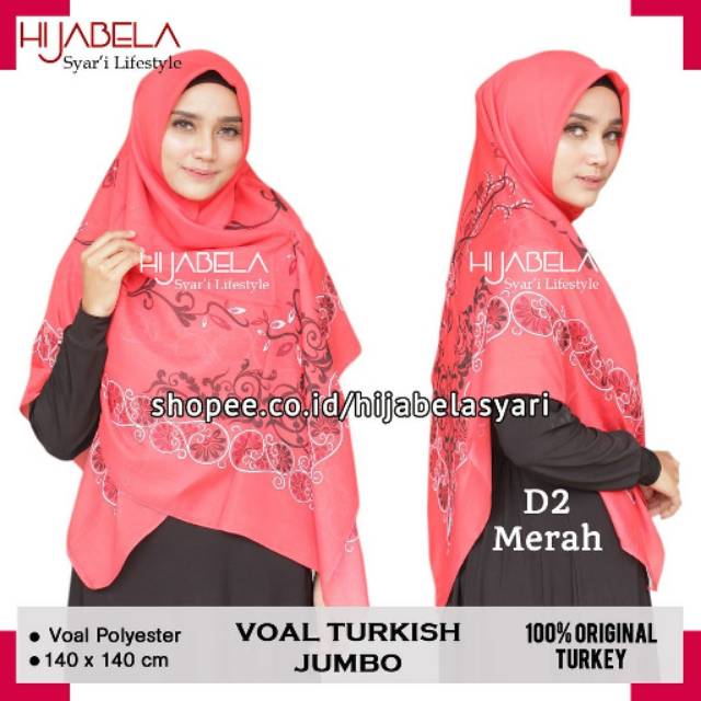 Jilbab Voal Turki Segiempat Syari Original by Evitare Hijab Segi empat Motif Bunga Merah BW