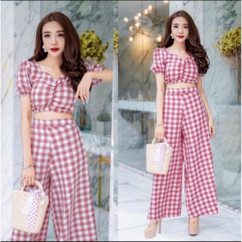 Set Baju Crop Celana Panjang Kulot Kotak Kece Modis Trendy Setelan Wanita Cantik Kekinian Hits Moder